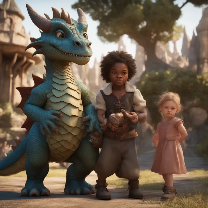 a little girl standing next to a dragon