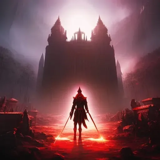 a man standing in front of a castle with a sword