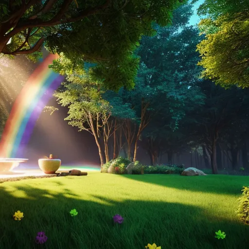 a rainbow in the sky over a lush green field
