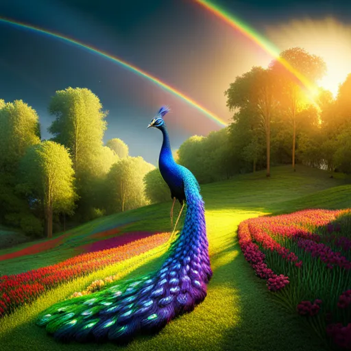 a painting of a peacock in a field with a rainbow in the background