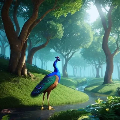 a painting of a peacock standing in the middle of a forest