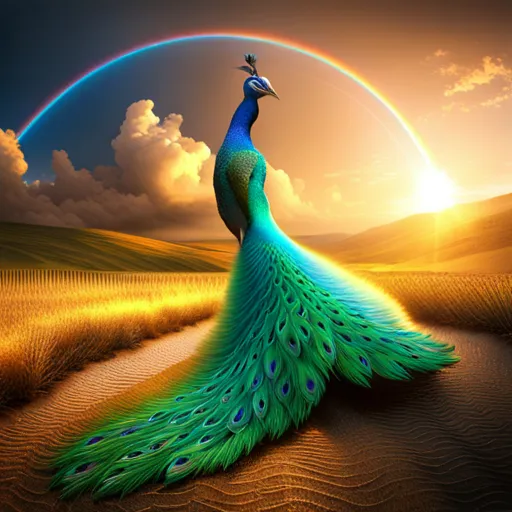 a painting of a peacock with a rainbow in the background