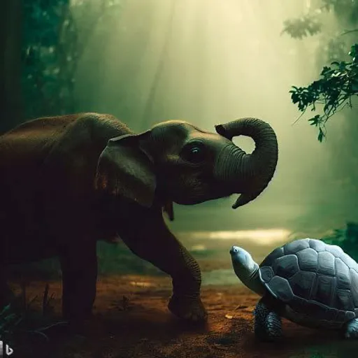 an elephant standing next to a turtle in a forest