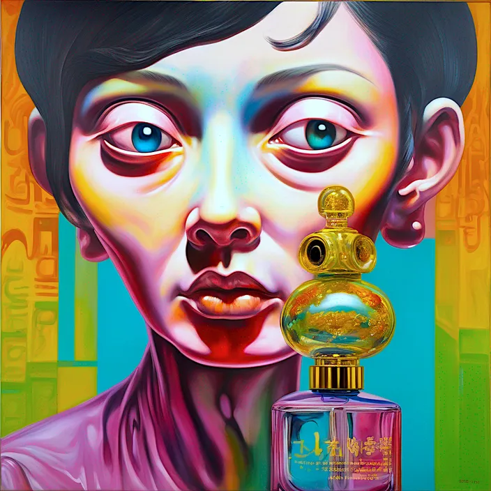 a painting of a woman's face with a perfume bottle in front of her