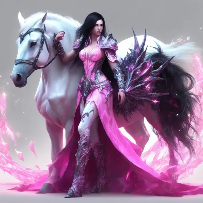 a woman in a pink outfit standing next to a white horse