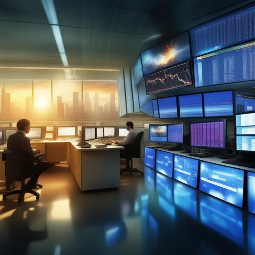 a man sitting at a desk in front of multiple monitors