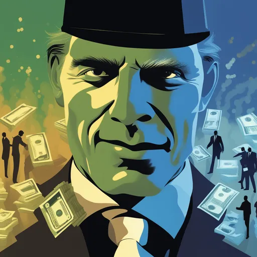 a painting of a man in a suit and tie surrounded by money