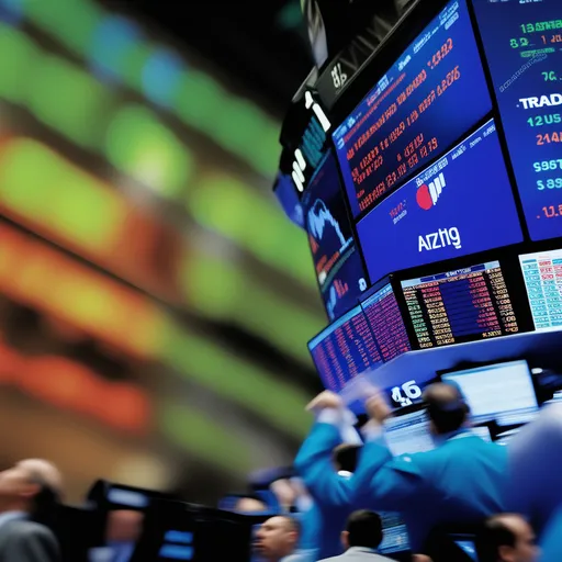 a group of people standing around a stock market