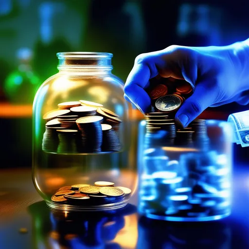 a person putting coins into a glass jar