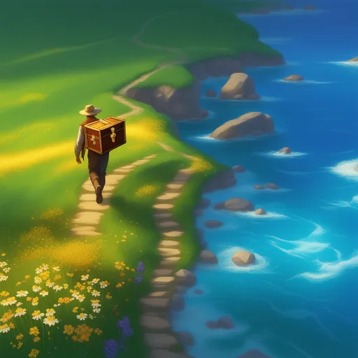 a painting of a man walking down a path with a box on his back