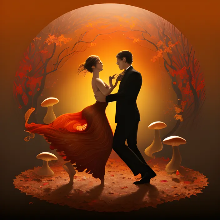 a man and a woman dancing in front of mushrooms