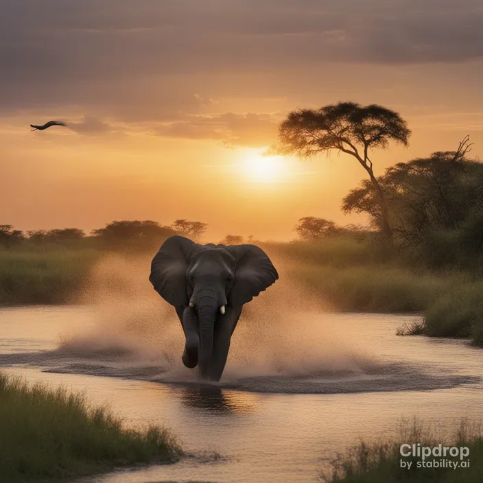 an elephant splashes water in a river at sunset