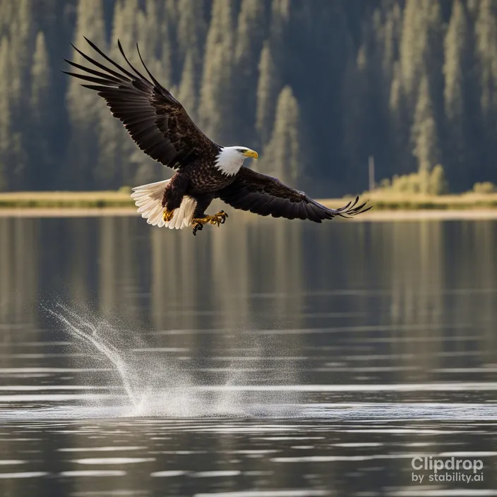 a bald eagle flying over a body of water