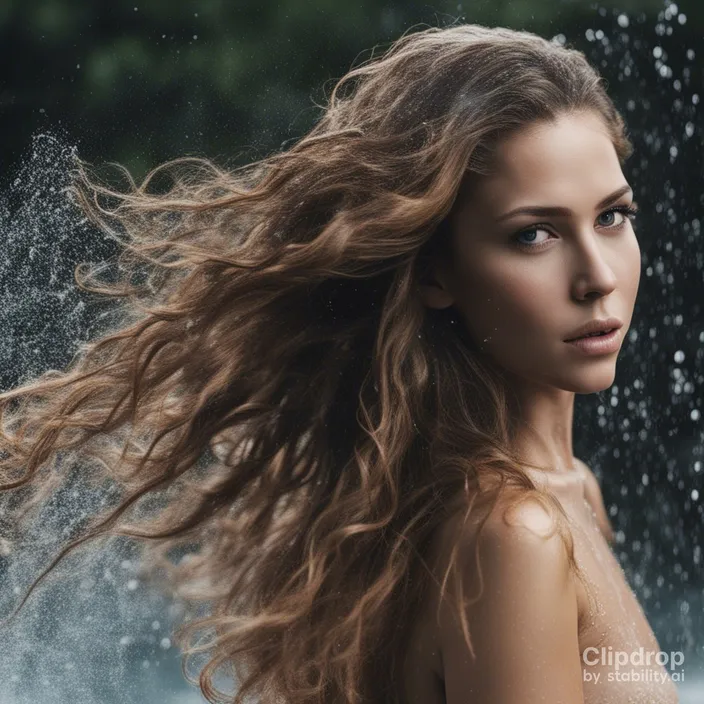 a woman with long hair standing in the rain