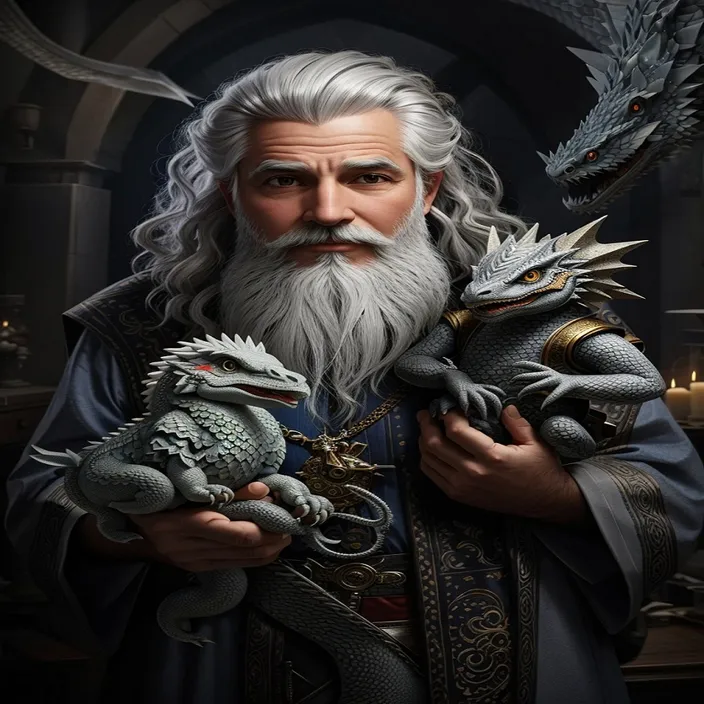 a man with a long white beard holding two small toys