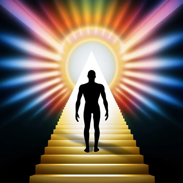 a man walking up a set of stairs towards a bright light. His eyesight is restored by the awesome spiritual light. a man walking up a set of stairs towards a bright light blinding awesome spiritual light