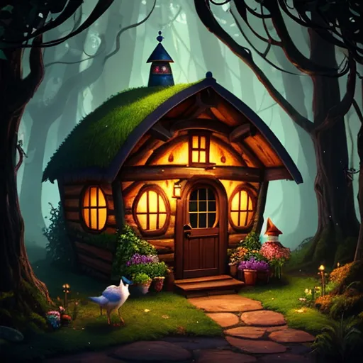 a painting of a house in the woods