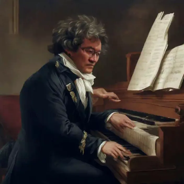 a painting of a man playing a piano