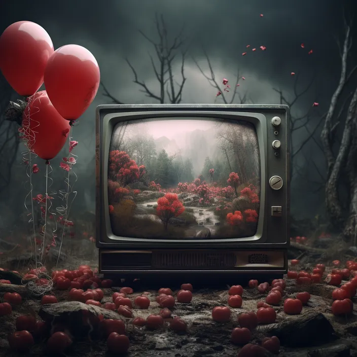 an old television floating with balloons