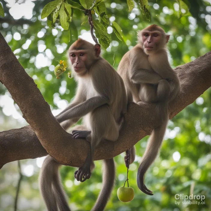 a couple of monkeys sitting on top of a tree