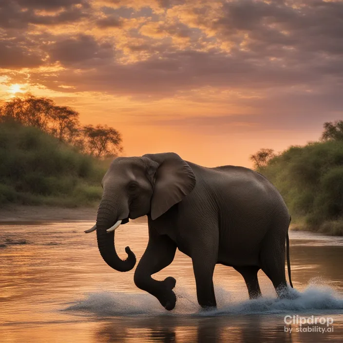 an elephant is walking through the water at sunset