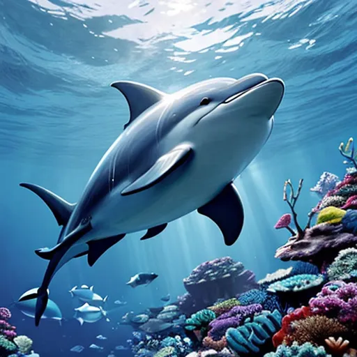 a painting of a dolphin swimming over a coral reef