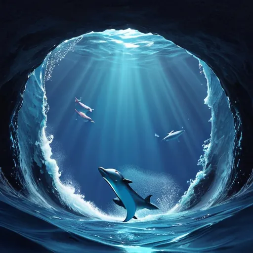 a painting of two dolphins swimming in the ocean