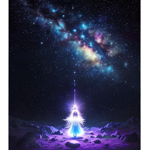 a person standing in the middle of a field under a star filled sky