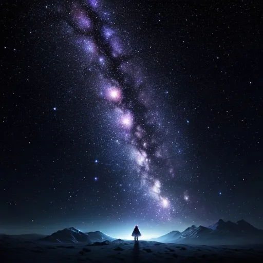 a person standing in the middle of a field under a night sky filled with stars