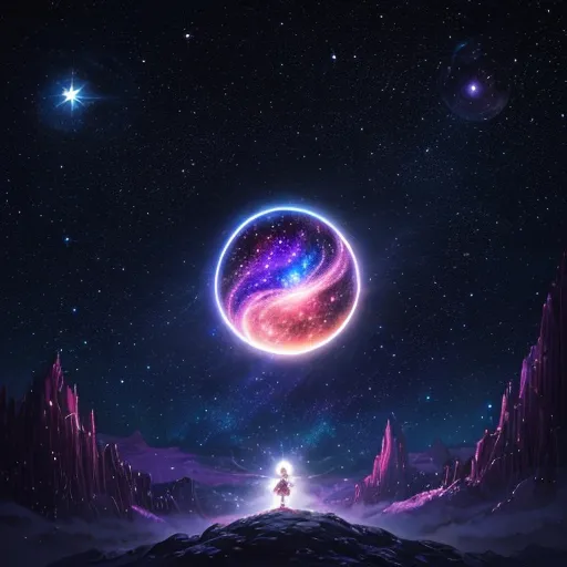 a person standing on top of a mountain under a star filled sky