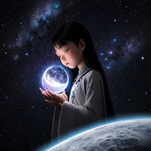 a young girl holding a crystal ball in her hands