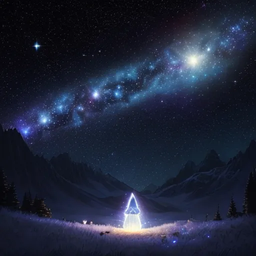 a night scene with a star filled sky