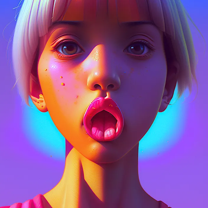 a digital painting of a young girl with her tongue out