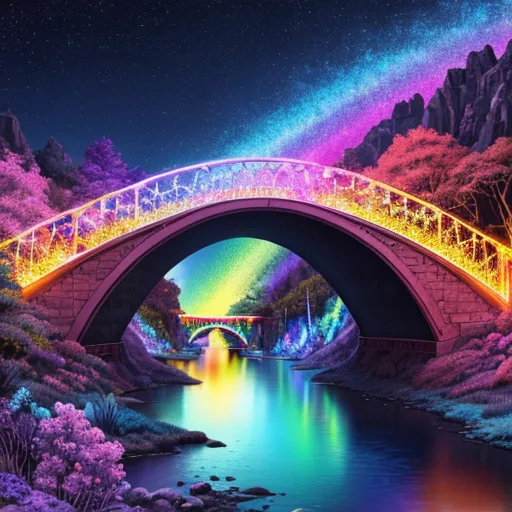 a painting of a bridge over a river under a rainbow colored sky