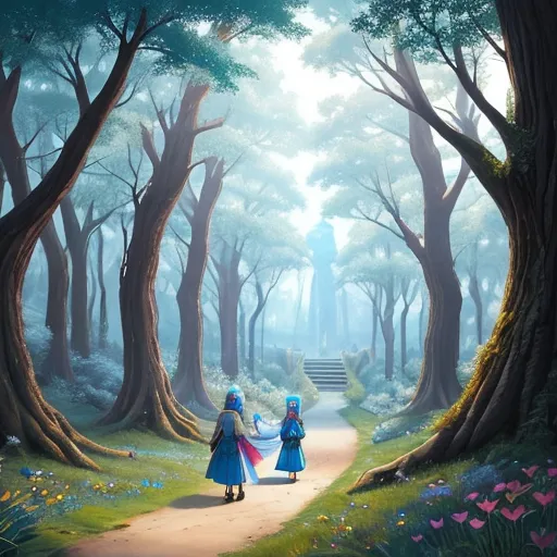 a painting of two girls walking down a path through a forest