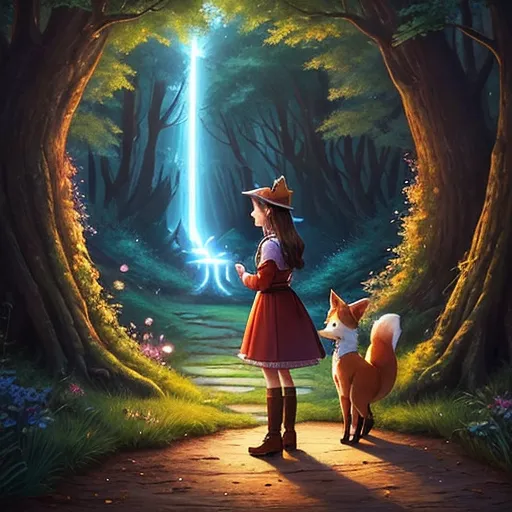 a painting of a girl and a dog in a forest
