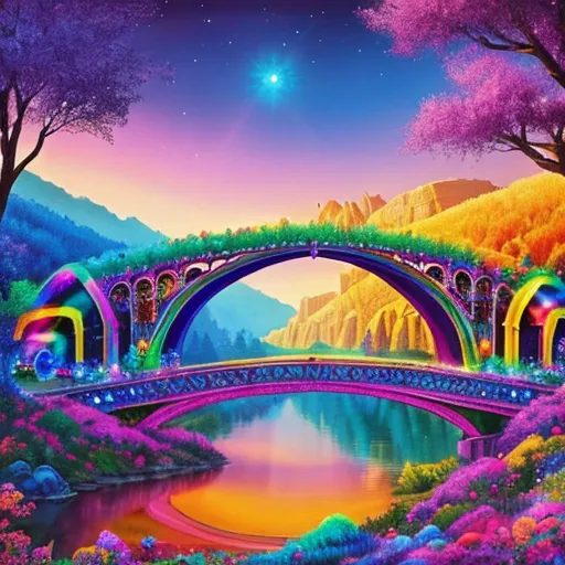 a painting of a bridge over a river