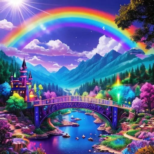 a painting of a rainbow bridge over a river