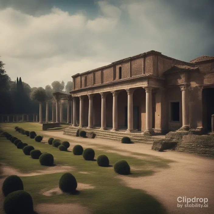 a large building with columns and grass in front of it