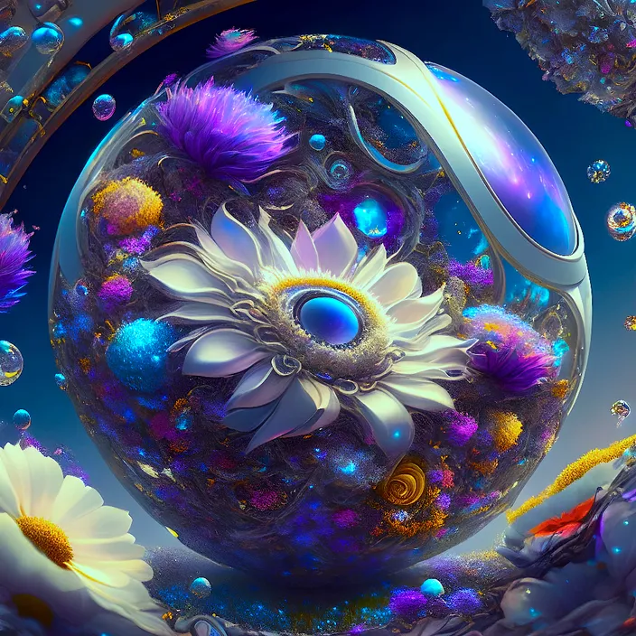 a painting of a sphere with flowers and bubbles