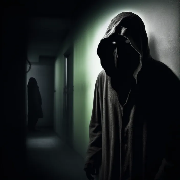 a man in a hooded jacket standing in a dark hallway