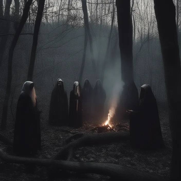 a group of people standing around a fire in the woods