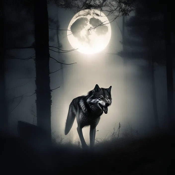 a wolf standing in the woods with a full moon in the background