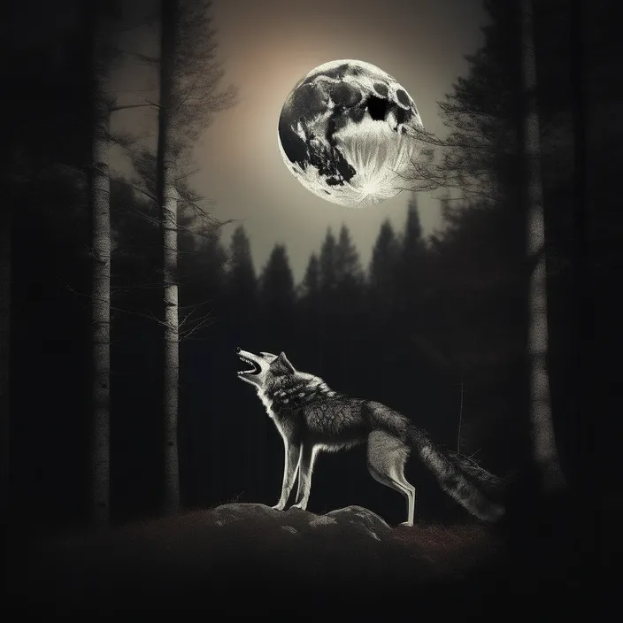 a wolf standing on top of a hill under a full moon