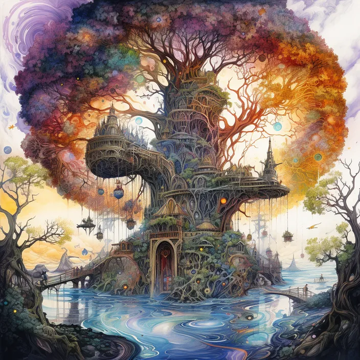 a painting of a tree house in the middle of a body of water