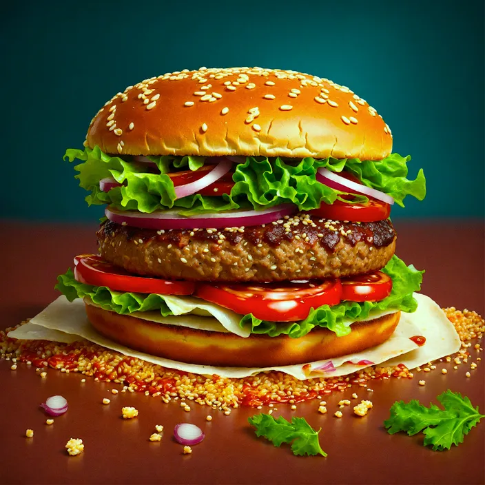 a hamburger with lettuce, tomato, onion and cheese