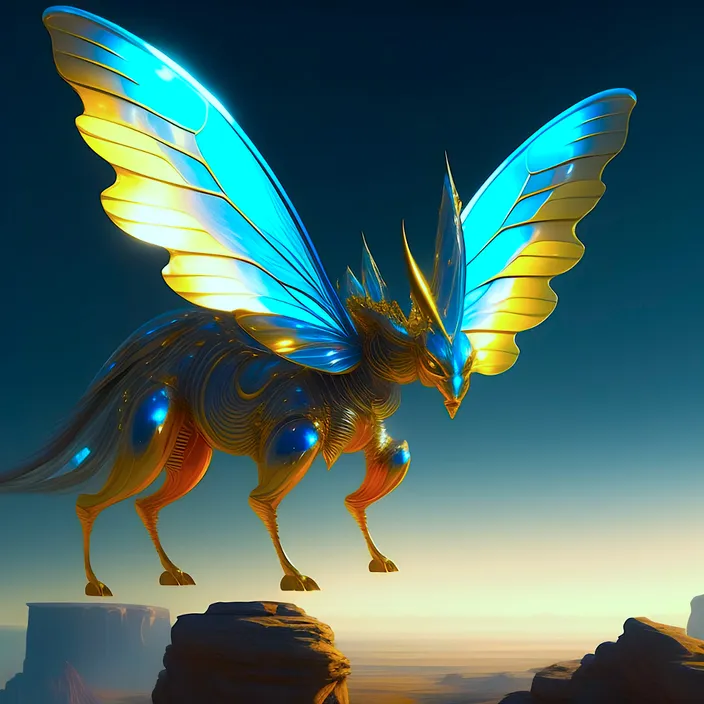 a gold and blue dragon statue on top of a cliff