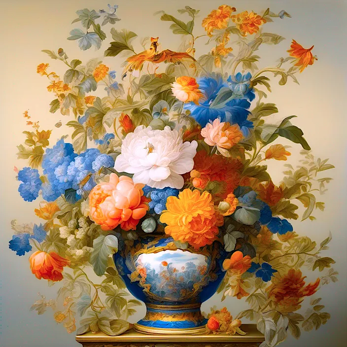 a painting of flowers in a blue vase