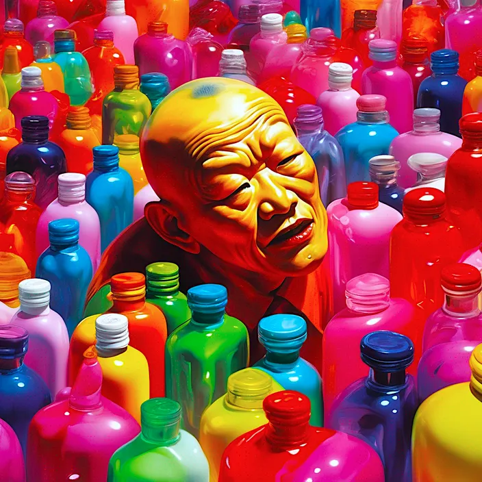 a large amount of colorful bottles with a man in the middle