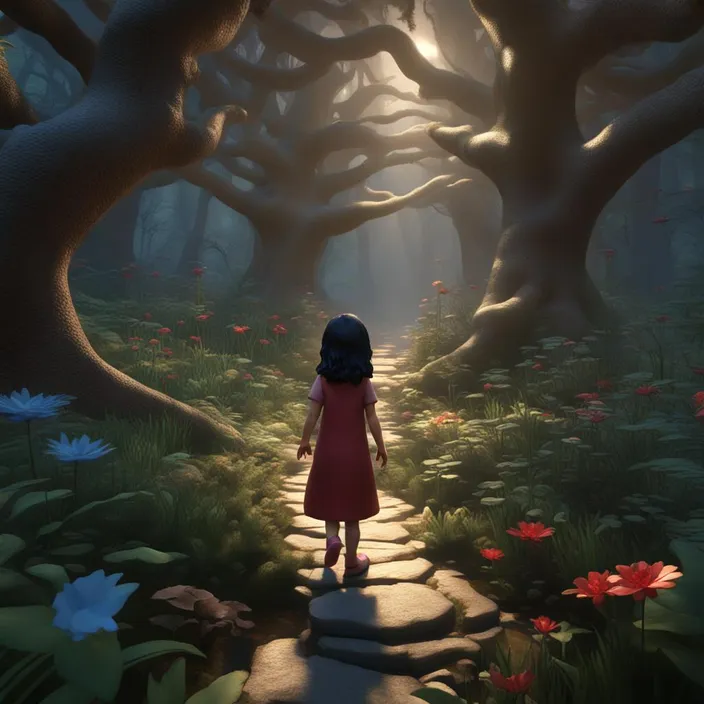 a little girl in a red dress walking through a forest